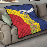 Personalized quilt on sofa, blue yellow red Romania flag pattern with eagle and flowers