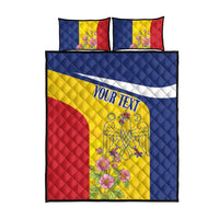 Personalized quilt and two pillow shams in red, blue, and yellow with 'YOUR TEXT' banner