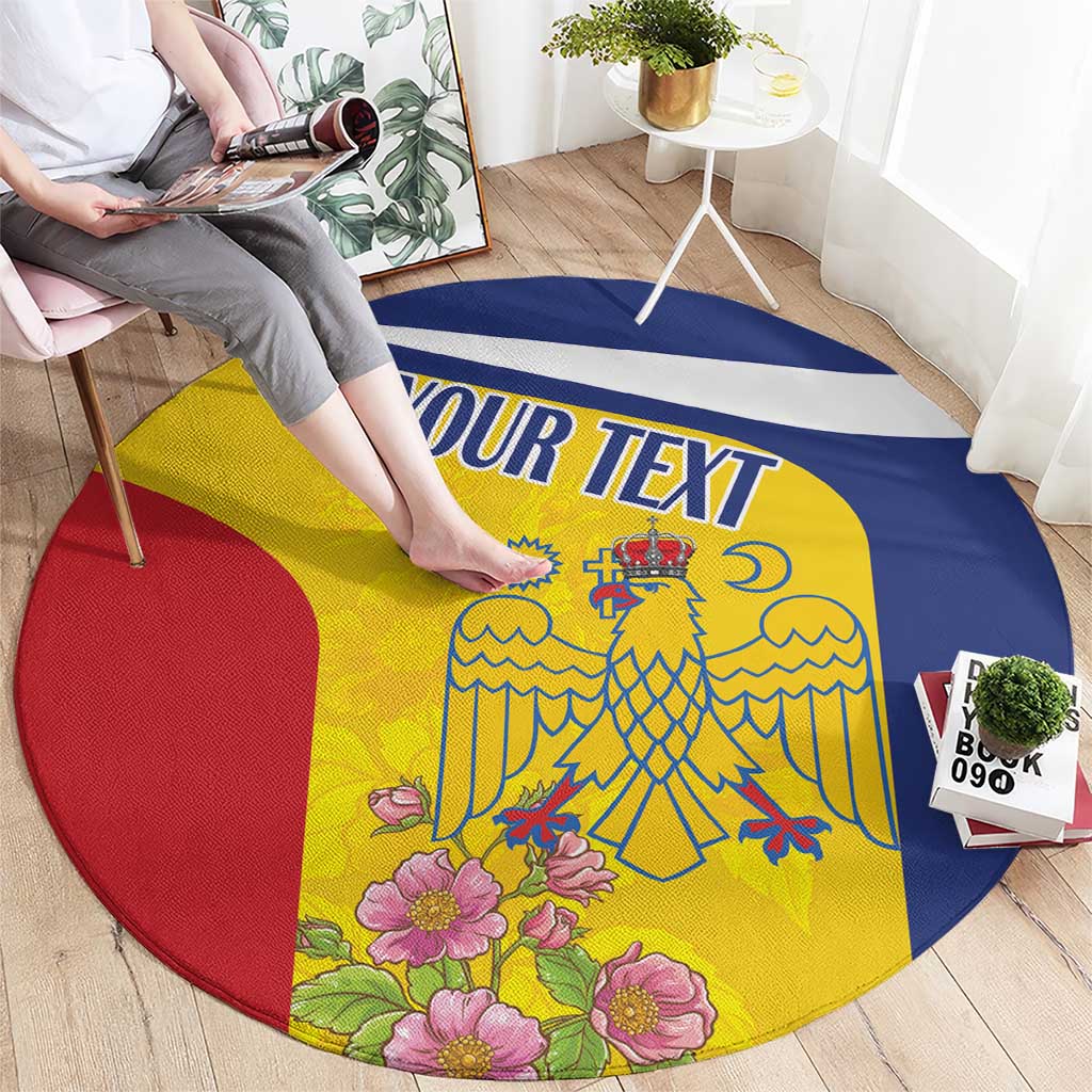 Personalized round carpet with 'YOUR TEXT' on blue stripe, yellow field, red panel, flowers
