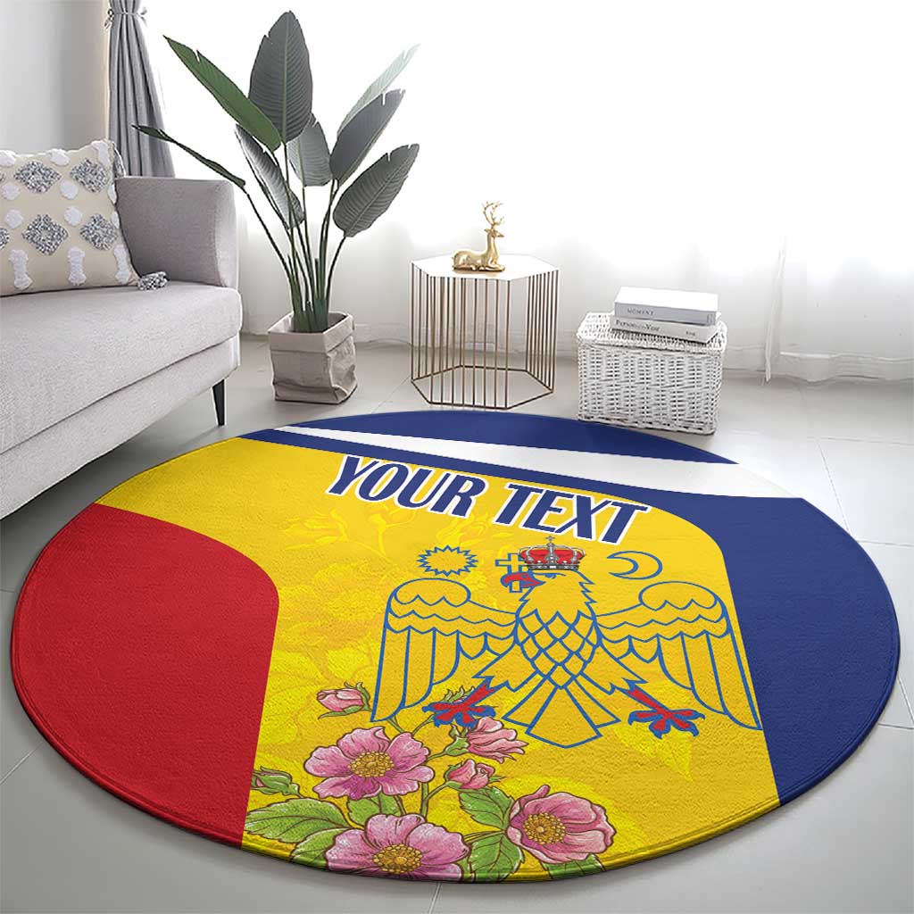 Round decorative carpet with 'YOUR TEXT' blue stripe, yellow background, red side shape, floral