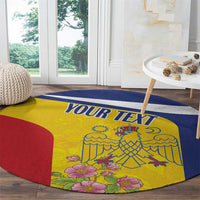 Round carpet with yellow crest medallion, blue top stripe with 'YOUR TEXT', red curved edge