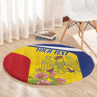 Personalized round carpet with blue stripe reading 'YOUR TEXT', yellow design, red side panel