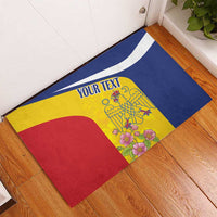 Rubber doormat with blue border, yellow center, red shape, pelican art, 'YOUR TEXT'