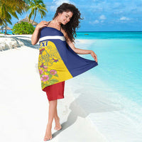Personalized beach wrap sarong, navy and yellow with floral pelican graphic and red border