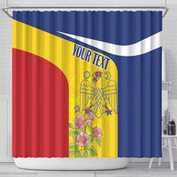 Personalized Romania flag shower curtain with blue top band, bird emblem, and pink flowers