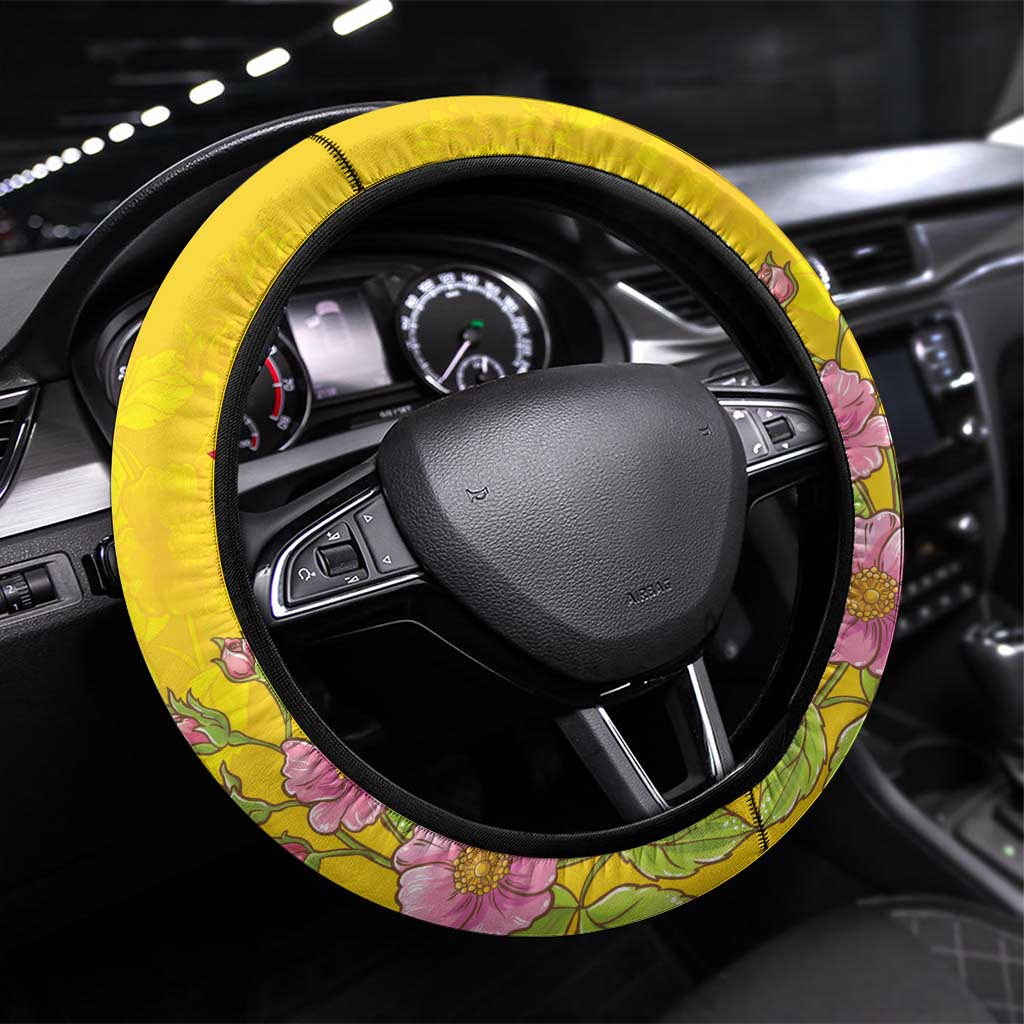 Romania Great White Pelican Steering Wheel Cover With Rosa Canina - Wonder Print Shop