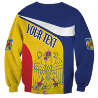Unisex yellow and navy sweatshirt with back Romania coat-of-arms and “YOUR TEXT”