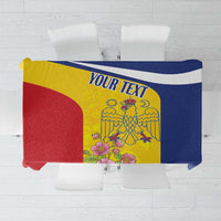Personalized tablecloth with dark blue and yellow crest panel, red left side, custom text