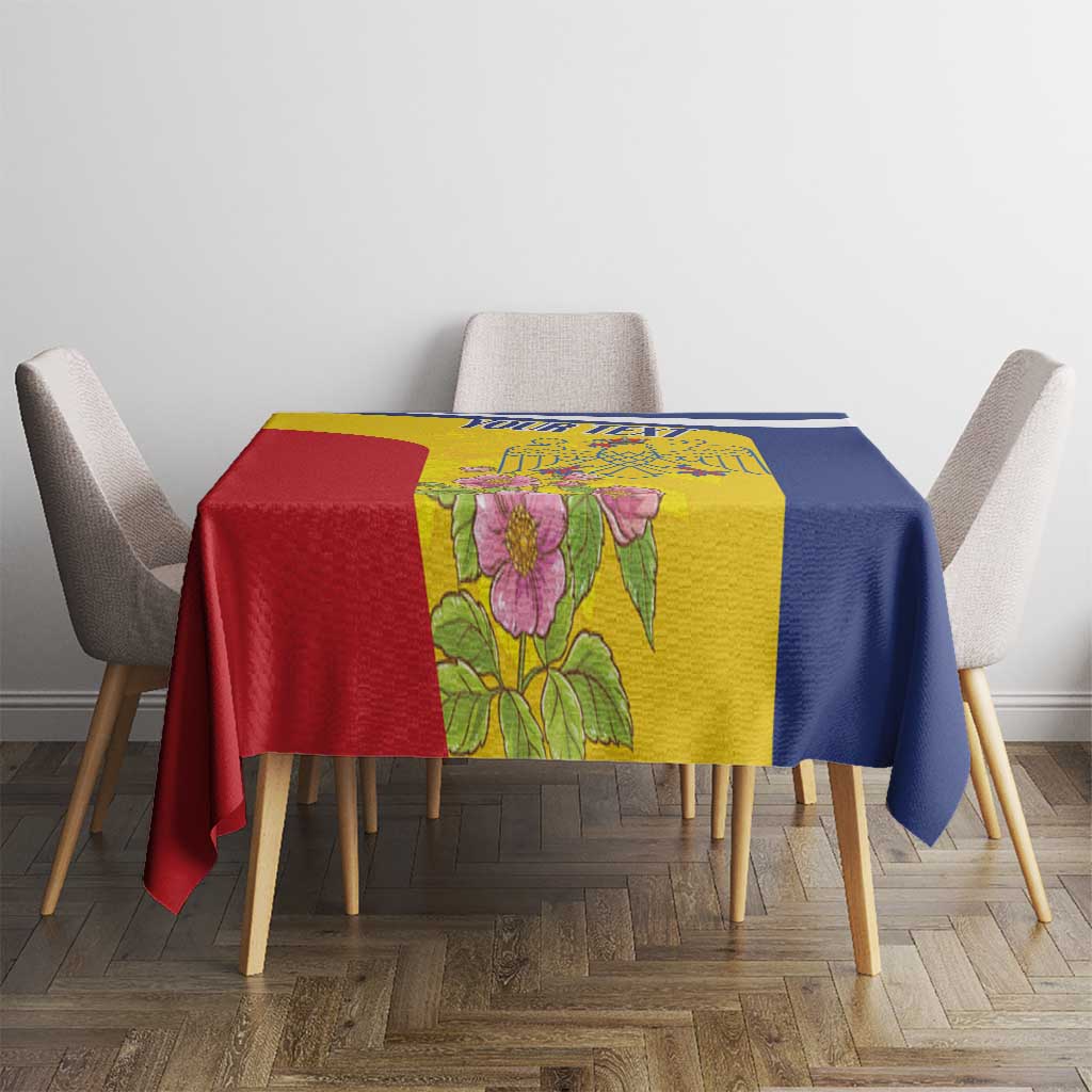 Tablecloth with yellow floral panel, blue right section, and red left panel covering table