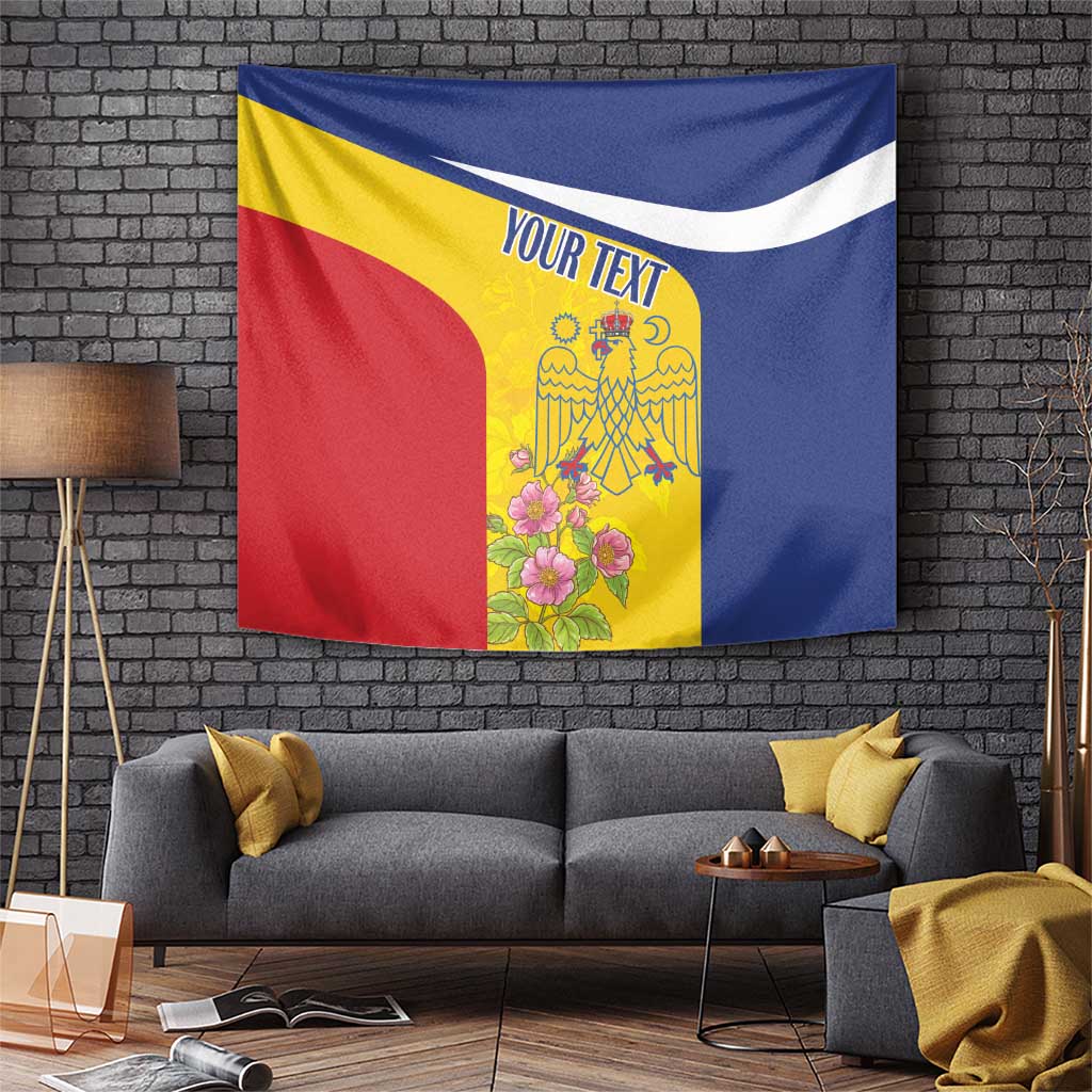 Romania-themed tapestry with blue, yellow, red flag and floral emblem, 'YOUR TEXT'.