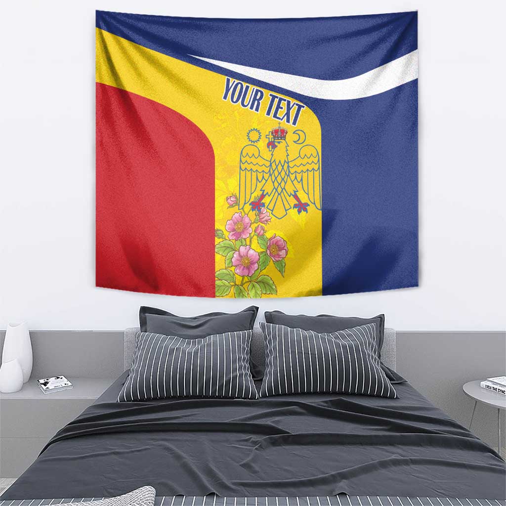 Romania wall tapestry, blue yellow red flag with floral emblem and 'YOUR TEXT'.