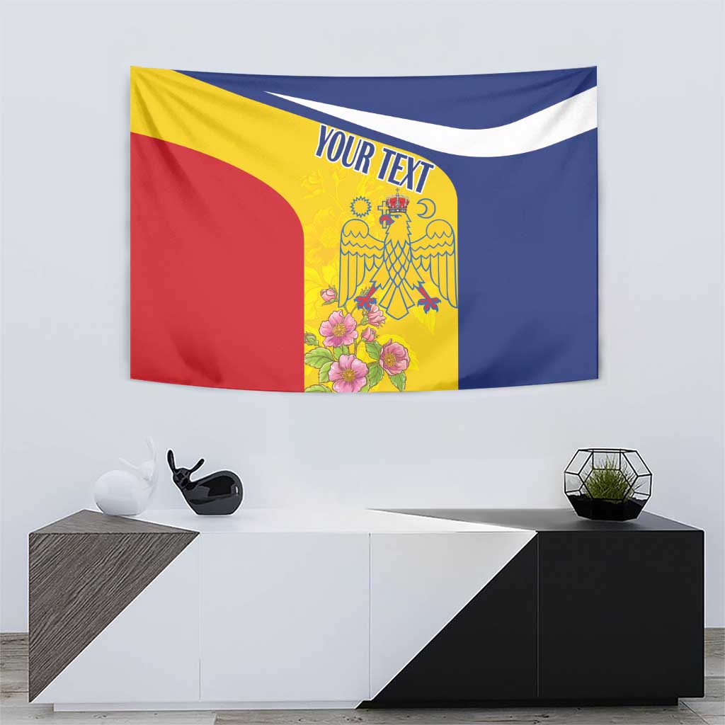 Romania flag tapestry with floral emblem center and 'YOUR TEXT' along top edge.