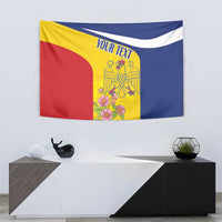 Romania flag tapestry with floral emblem center and 'YOUR TEXT' along top edge.