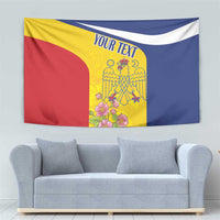Romania wall tapestry in blue yellow red with floral emblem and 'YOUR TEXT' at top.