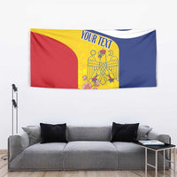 Romania wall tapestry with blue, yellow, red flag and floral crest, 'YOUR TEXT'.