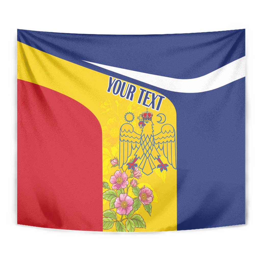 Close-up Romania flag tapestry: blue, yellow, red with floral emblem and 'YOUR TEXT'.