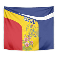 Close-up Romania flag tapestry: blue, yellow, red with floral emblem and 'YOUR TEXT'.
