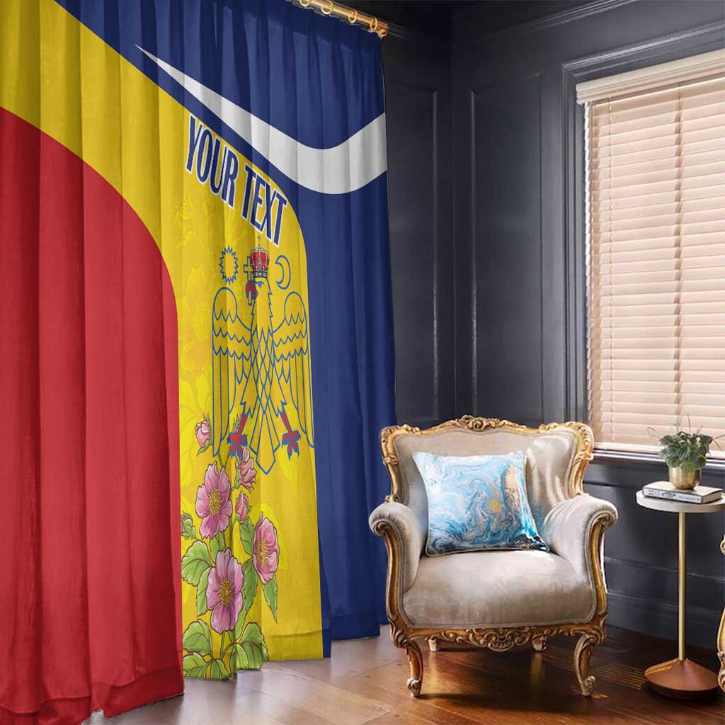 Romania flag window curtain with floral crest motif, blue top and yellow center panel