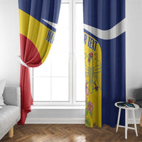 Romania flag curtain hung at a window with blue side panels and yellow crest panel