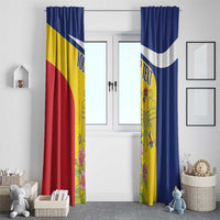 Pair of Romania flag curtains with blue and red sections, yellow center, and crest flowers