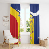 Romania flag window curtains with blue top, yellow center, red lower panel, floral crest