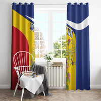 Romania flag curtains with hanging hooks, blue outer panels and yellow crest with flowers