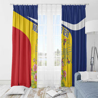 Romania flag window curtains with rod-hung headers, blue and yellow crest with floral print