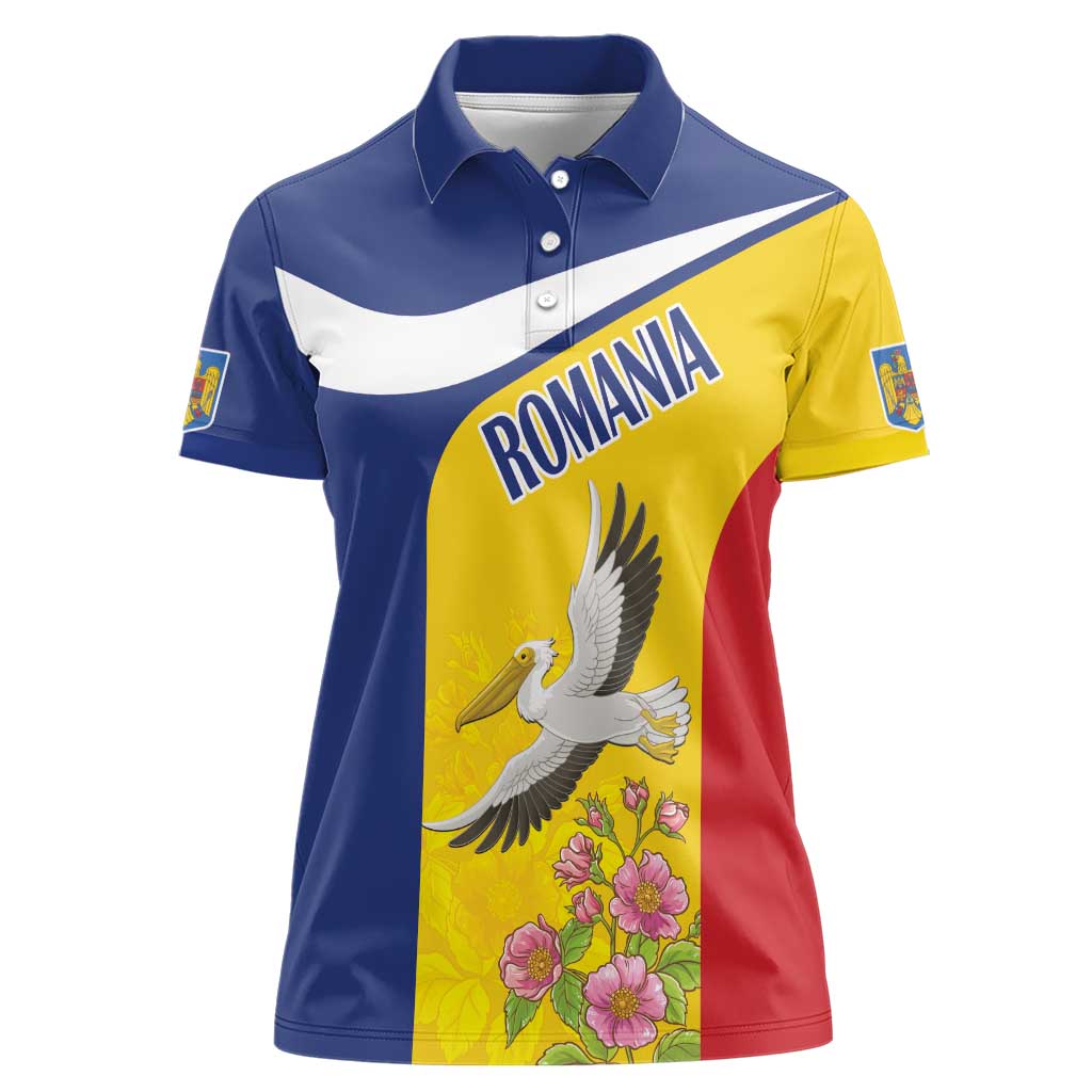 Personalized Romania Great White Pelican Women Polo Shirt With Rosa Canina - Wonder Print Shop