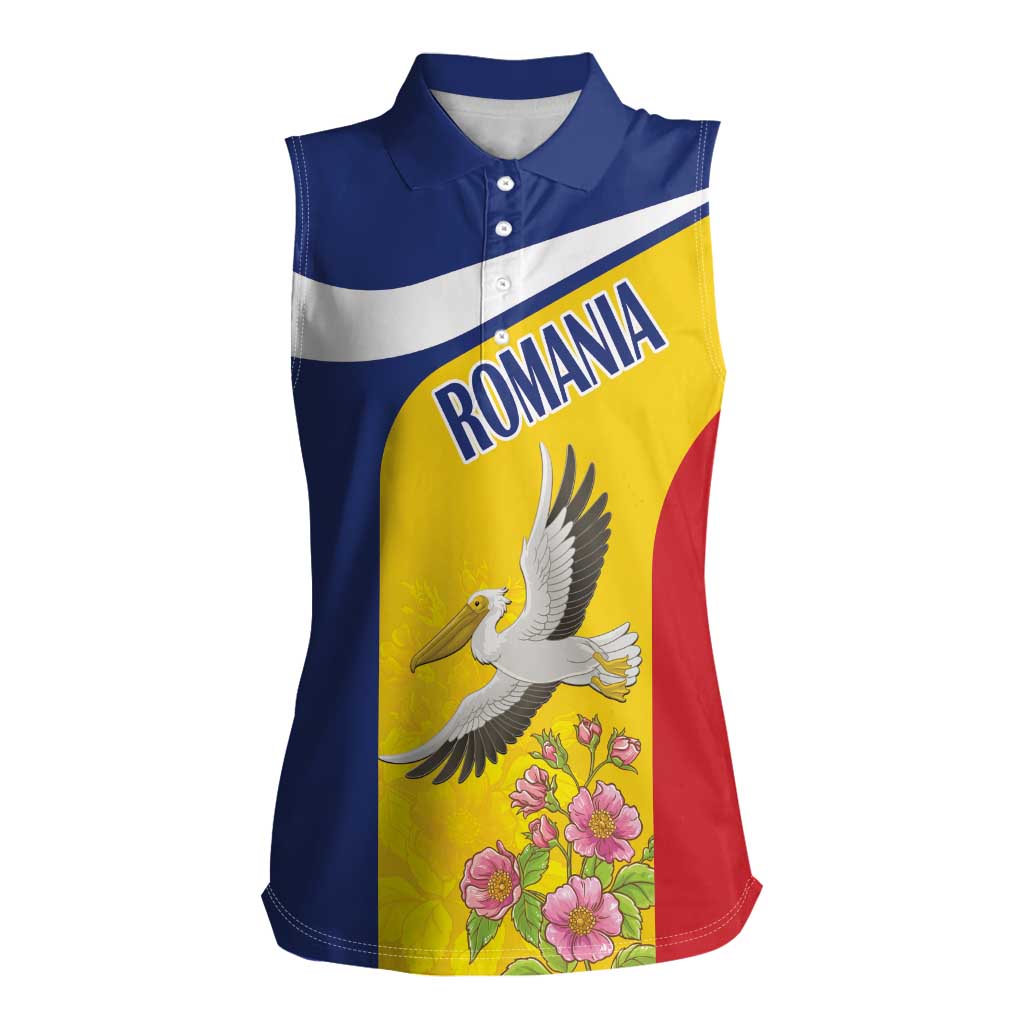 Personalized Romania Great White Pelican Women Sleeveless Polo Shirt With Rosa Canina - Wonder Print Shop