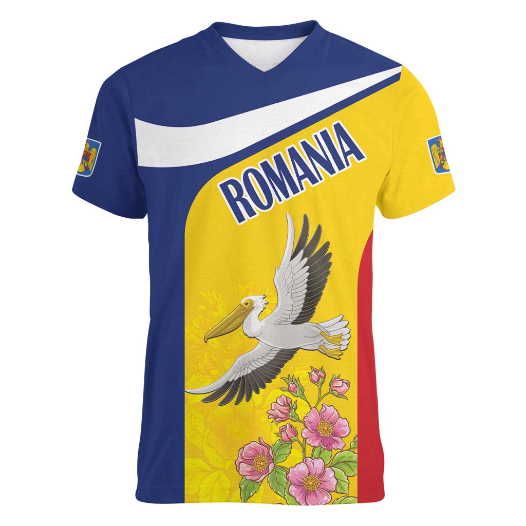 Personalized Romania Great White Pelican Women V-Neck T-Shirt With Rosa Canina - Wonder Print Shop