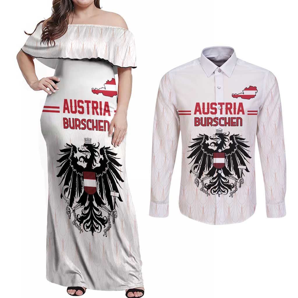 Custom Austria Football Couples Matching Off Shoulder Maxi Dress and Long Sleeve Button Shirt Das Team Go Champions