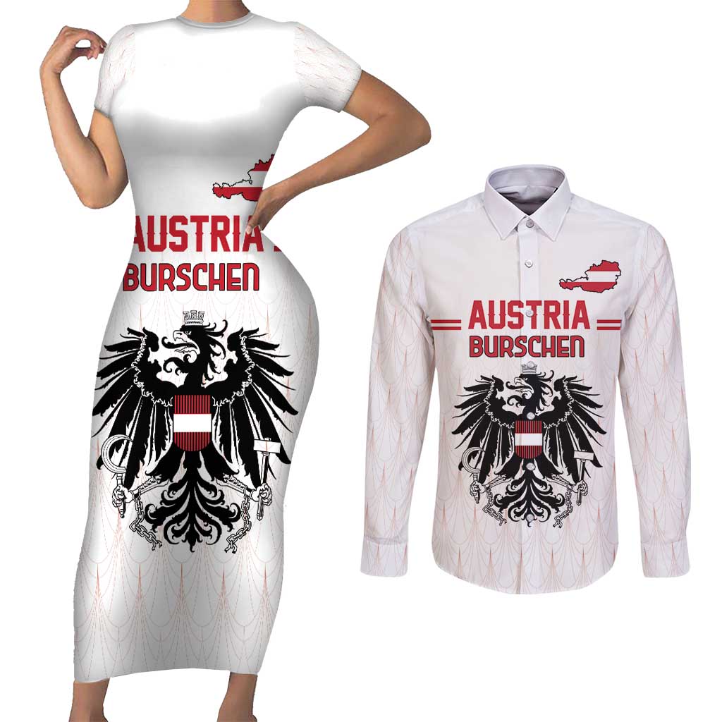 Custom Austria Football Couples Matching Short Sleeve Bodycon Dress and Long Sleeve Button Shirt Das Team Go Champions