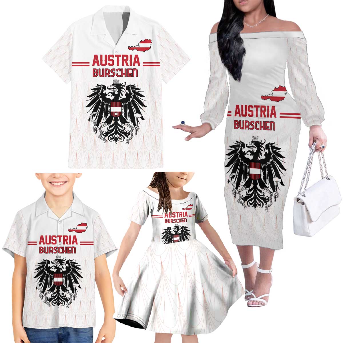 Custom Austria Football Family Matching Off The Shoulder Long Sleeve Dress and Hawaiian Shirt Das Team Go Champions