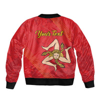 Red zip bomber jacket with back graphic, personalized text 'Your Text', and Sicily emblem