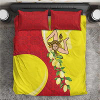 Sicily-themed bedding set with red and yellow duvet cover and matching pillowcases