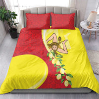 Red and yellow Sicily motif bedding set with two square pillowcases and duvet cover