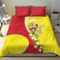 Red and yellow Sicilian-themed bedding set with two pillowcases and printed duvet cover