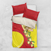 Sicily motif bedding set with red patterned pillowcases and yellow red duvet cover