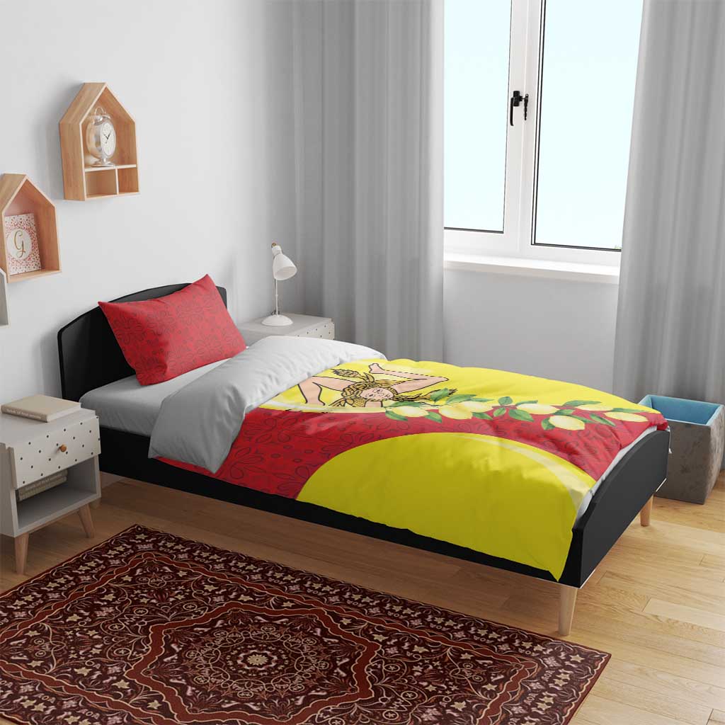 Red and yellow Sicilian-themed duvet cover with matching pillowcases in a bed set