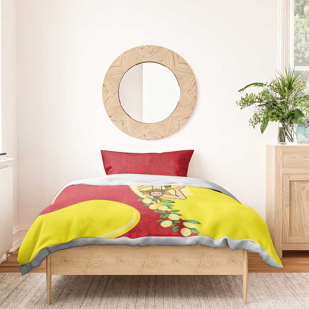 Sicilian red and yellow bedding set with two pillowcases and duvet cover