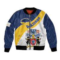 Unisex bomber jacket with front zipper, navy, yellow, and white graphic panels