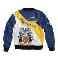 Unisex bomber jacket back view, navy, yellow, and white with large crest graphic