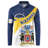 Navy button sweatshirt with Azores diagonal sash graphic and crest