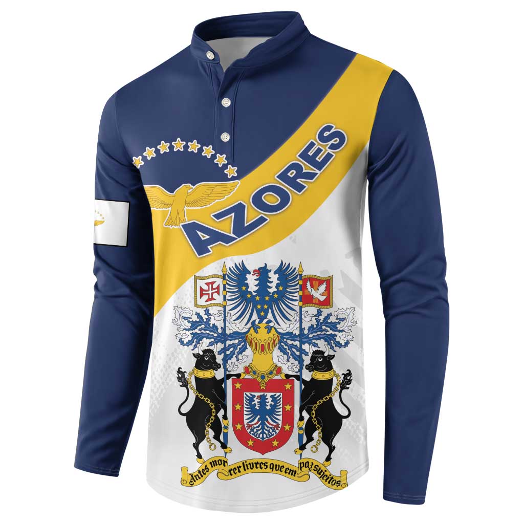 Navy henley button sweatshirt with Azores diagonal sash crest graphic, long sleeves