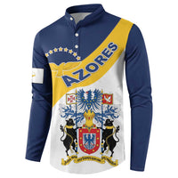 Navy henley button sweatshirt with Azores diagonal sash crest graphic, long sleeves