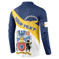 Navy and white henley sweatshirt with "YOUR TEXT" Azores graphic on back