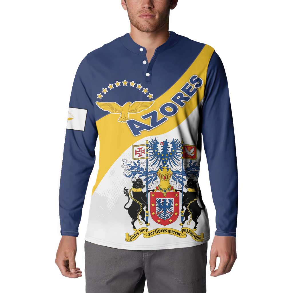 Navy henley sweatshirt with Azores crest graphic diagonal sash, long sleeves