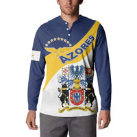 Navy henley sweatshirt with Azores crest graphic diagonal sash, long sleeves
