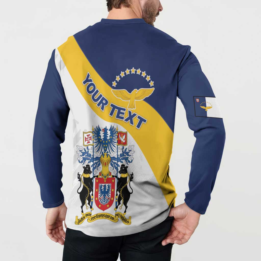 Navy and white henley sweatshirt with "YOUR TEXT" Azores graphic on back