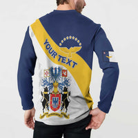 Navy and white henley sweatshirt with "YOUR TEXT" Azores graphic on back